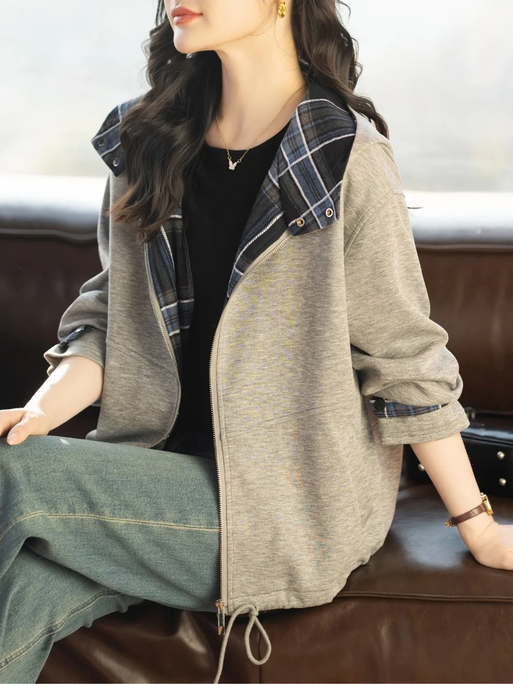 

Faion Plaid Patchwork Hoodie Jaet Women's Spring New Design Casual Commute Coat Top Long Sve Zipper Closure