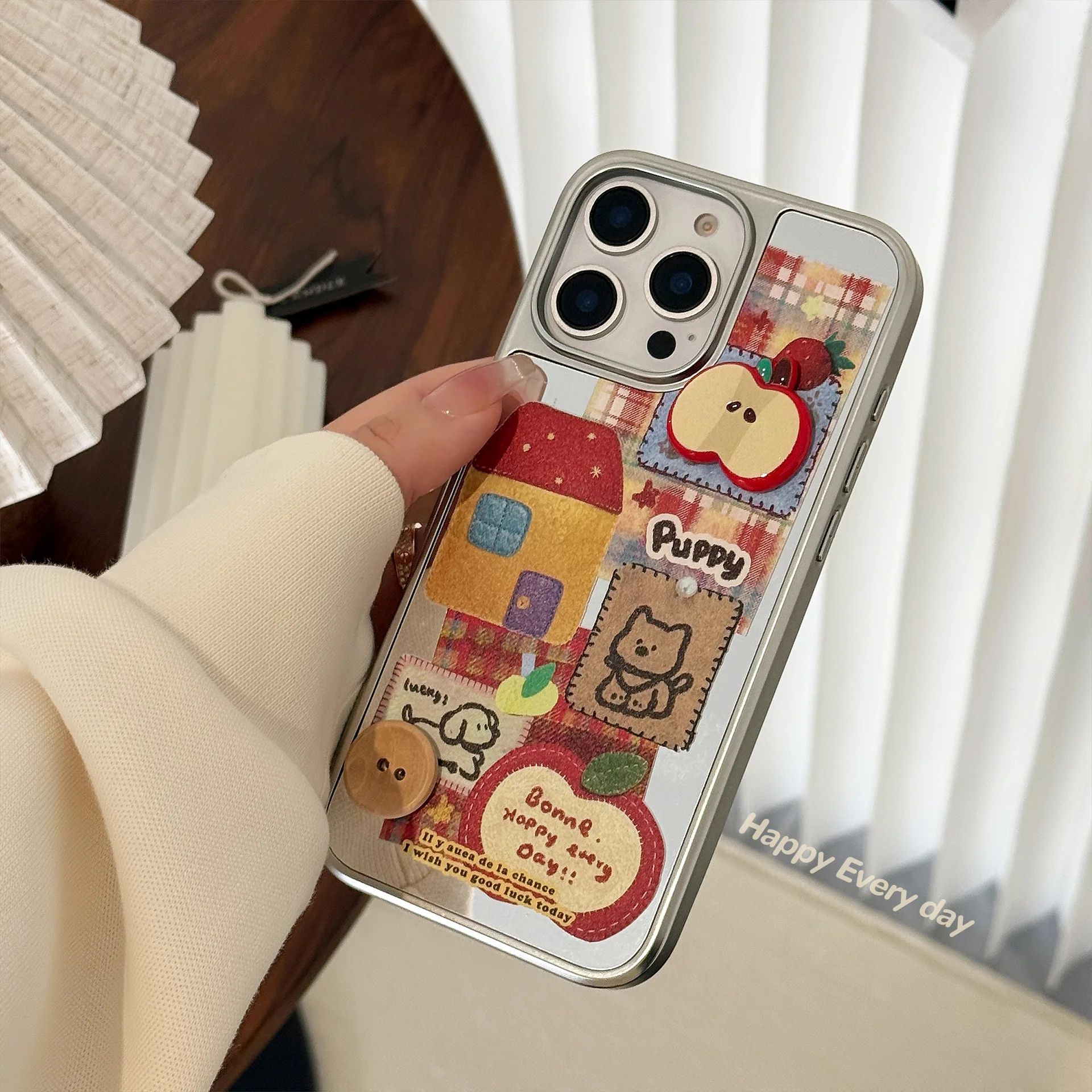 Korean 3D Apple Button Cartoon Puppy Mirror Phone Case For iPhone 17 Air 16 15 14 13 12 Pro Max With Chain Shockproof Hard Cover view 4