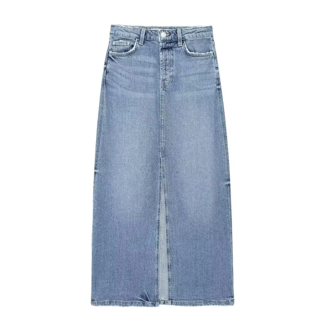 TRAF Blue Denim Long Skirt Woman High Waist Midi Skirts for Women Summer Slit Jeans Skirts Woman Streetwear Cargo Spódnice damskie