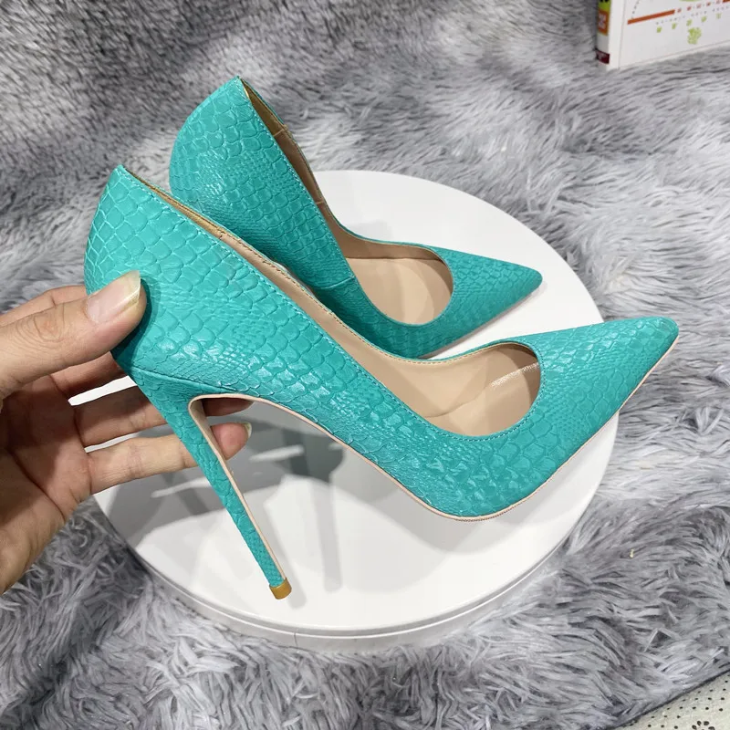 Tikicup Fluo Mint Green Black White Crocodile Effect Women Pointy Toe High Heel Shoes Sexy Ladies Party Stiletto Pumps 8-12cm