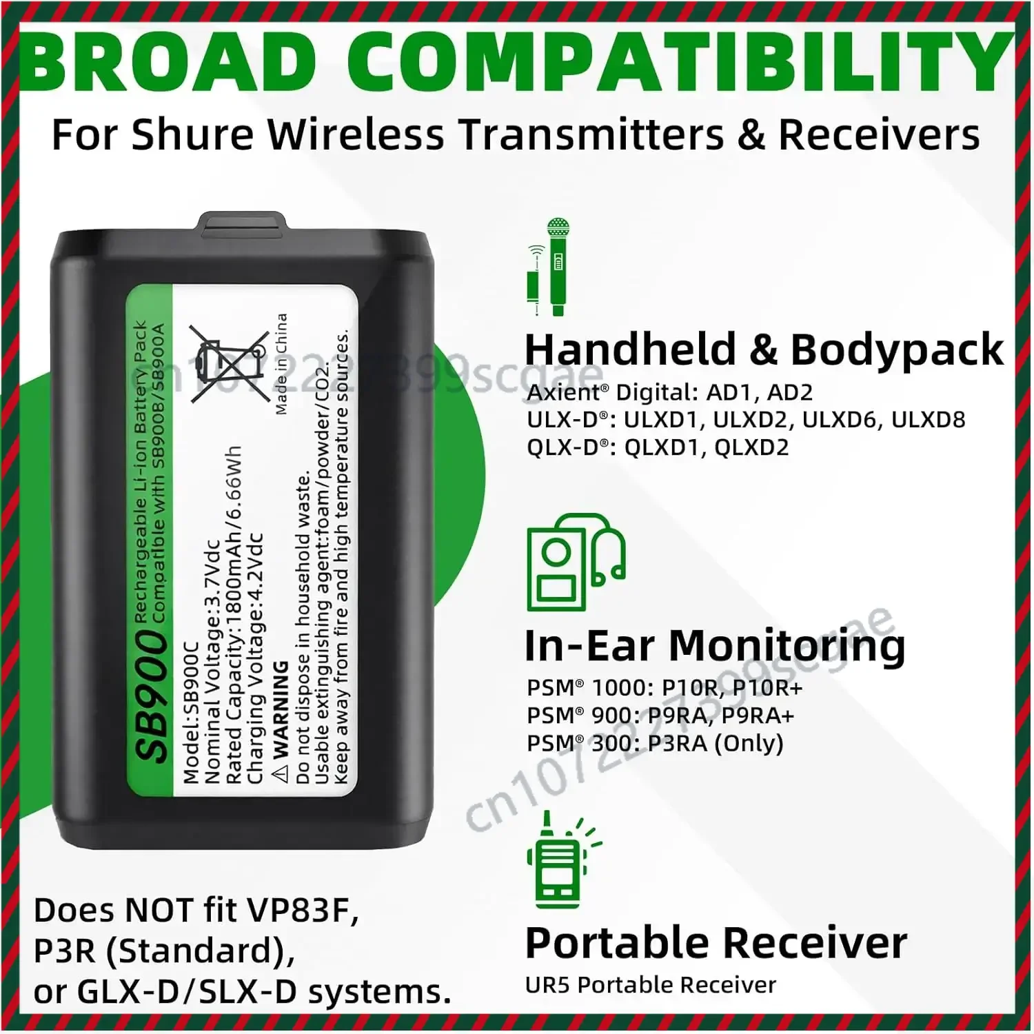 SB900C Replacement Battery for Shure SB900A SB900B, Shure P9RA+,P10R+,P3RA,ULX-D,QLX-D Axient  AD1 AD2 & PSM900 PSM1000 Battery