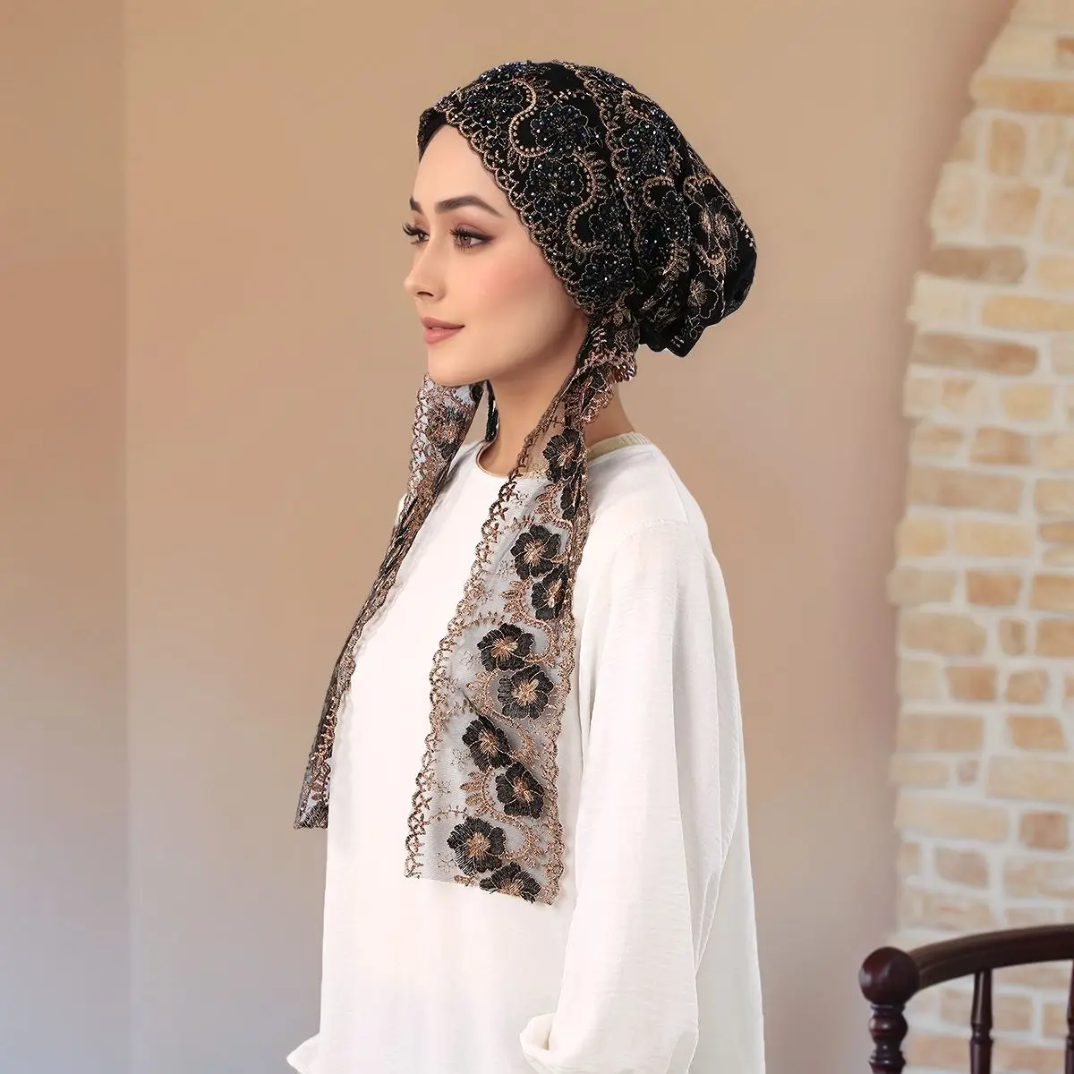 

Ribbon Bead Embroidered Lace Hat Caps Woman Muslim Hijabs Dubai Ribbon Style Bonnet Gorgeous Party Style Turban Femme Ramadan