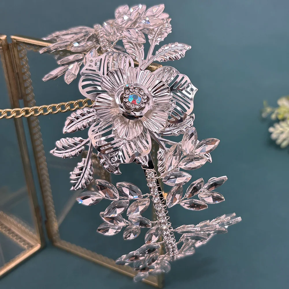 DZ321 Silver Bridal Headwear Luxury Flower Bridal Crown Handmade Rhinestone Wedding Hair Accessories Bride Headband Party Tiaras