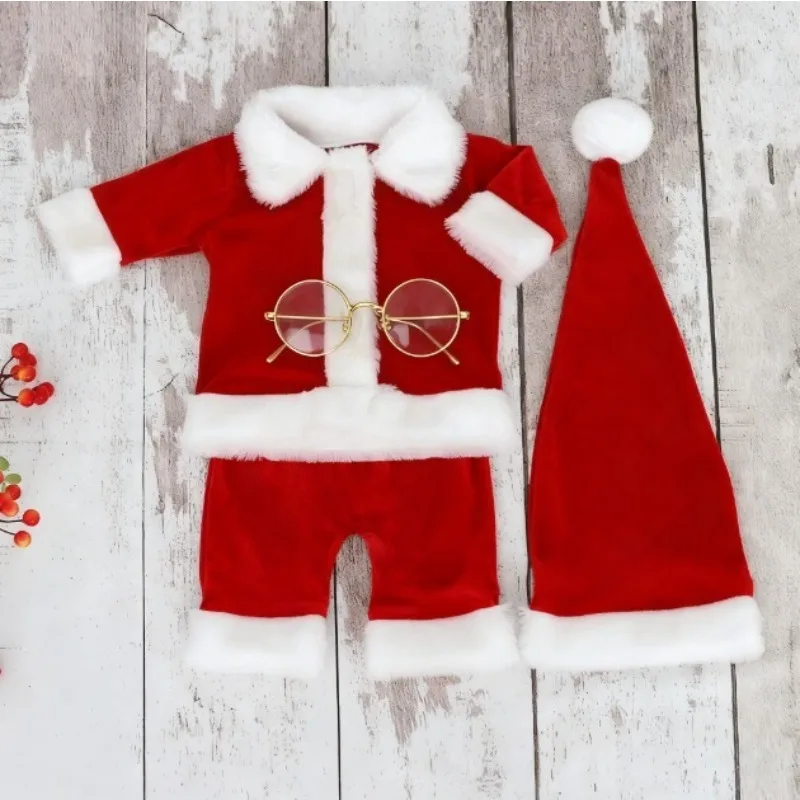 ชุดถ่ายภาพคริสต์มาสสำหรับทารกแรกเกิด ชุดซานตาคลอส - ชุดเด็กผู้ชาย 4 ชิ้น พร้อมหมวกสำหรับถ่ายภาพในวันหยุด, ชุดถ่ายภาพสำหรับทารกแรกเกิด
