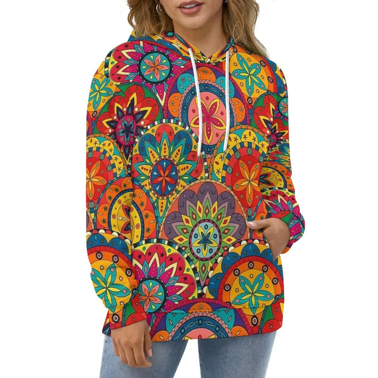 

Flower Power Hoodies Long-Sleeve Retro Mandala Casual Pullover Hoodie Spring Street Wear Oversized Design Loose Sweatshirts