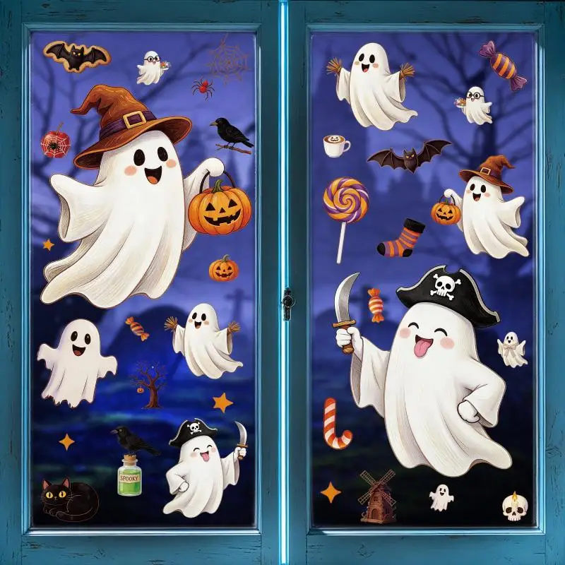 1/2 Sheets Cute Halloween Ghost Window Stickers Removable Vivid Print For Home Party Holiday Decor