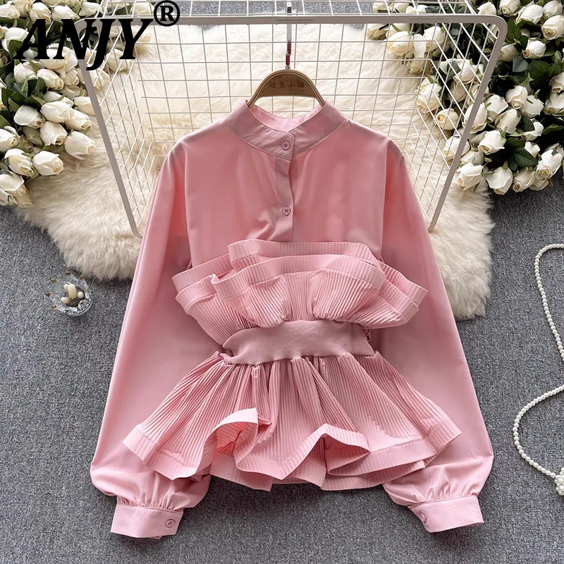 

ANJY Spring Autumn New Women Tide Ins French High-End Puff Sleeve Shirt Elegant Waist-Slimming Ruffle Design Niche Blouse A20056
