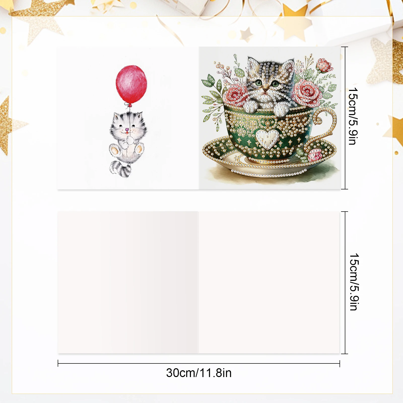 6Pcs Diamond Art Painting Greeting Card Kits,Teacup Cat festival Greeting Cards with Envelopes Diamond Art Craft Birthday Cards