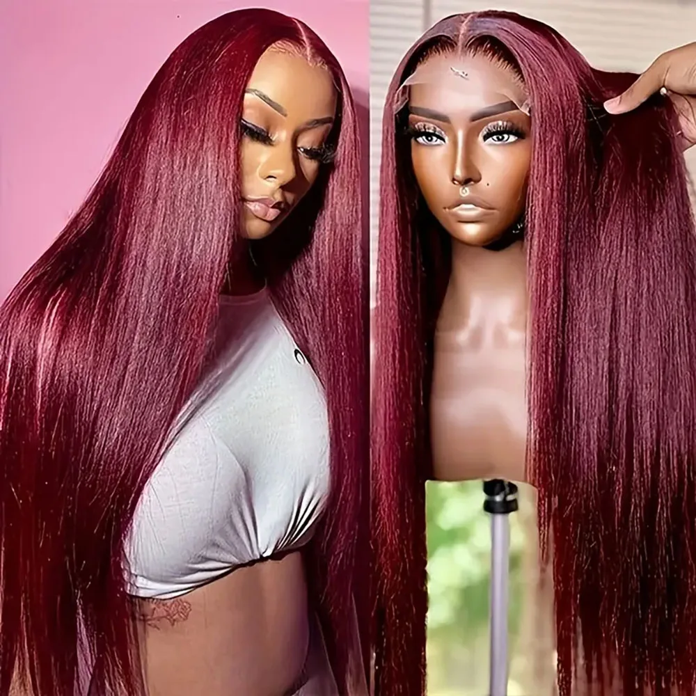 

13×4 Straight Lace Front Wigs Human Hair 220 Density Transparent Burgundy Pre Plucked Red Color Lace Frontal Wigs For Women 99J