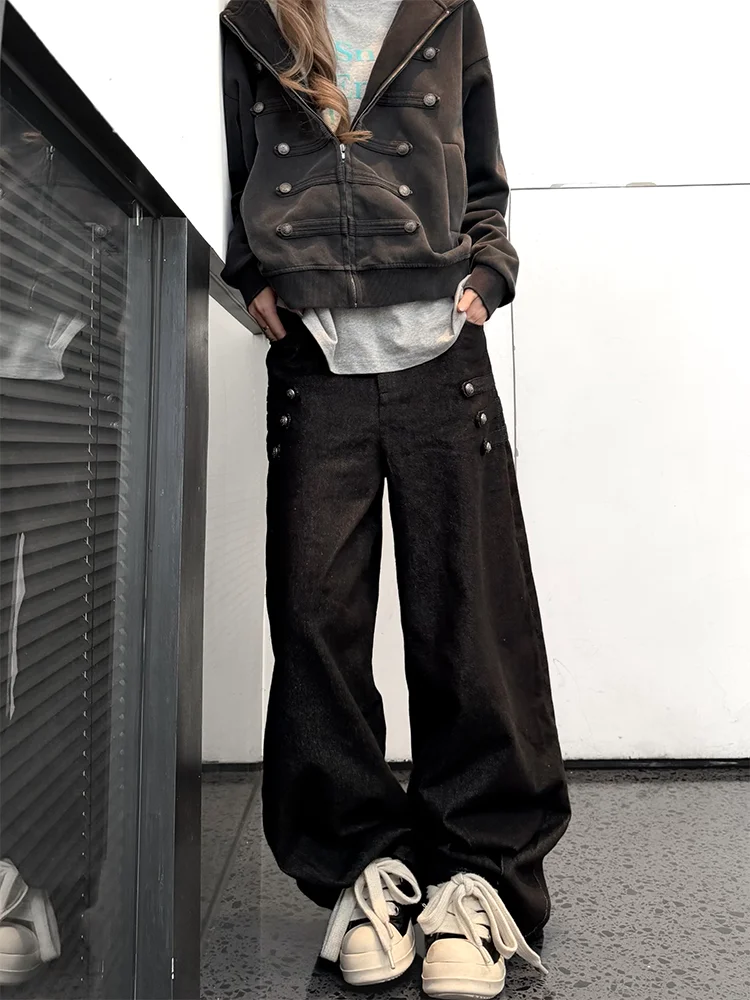 Loose High Waist Wide Leg Black Denim Jeans Retro Court Style Women's Autumn New Fashion Individual Personality Trousers