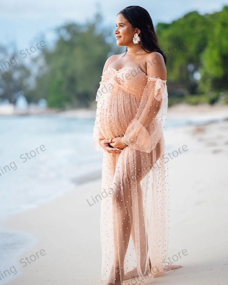 Gaun Hamil Merah Muda Berdebu untuk Wanita Gaun Baby Shower Celah Depan Panjang Vestidos De Gala Hamil Tulle Tipis Seksi Disesuaikan