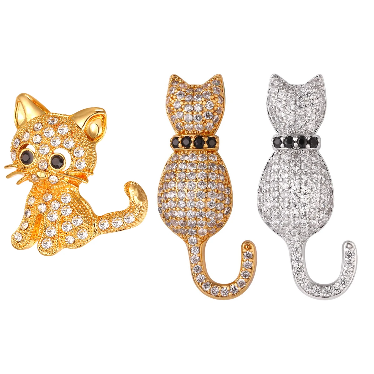 Cat sevimli kedi broş gümüş altın renk beyaz A + + CZ Rhinestone kristal hayvan Pin kedi kişi QC24 için en iyi takı hediye
