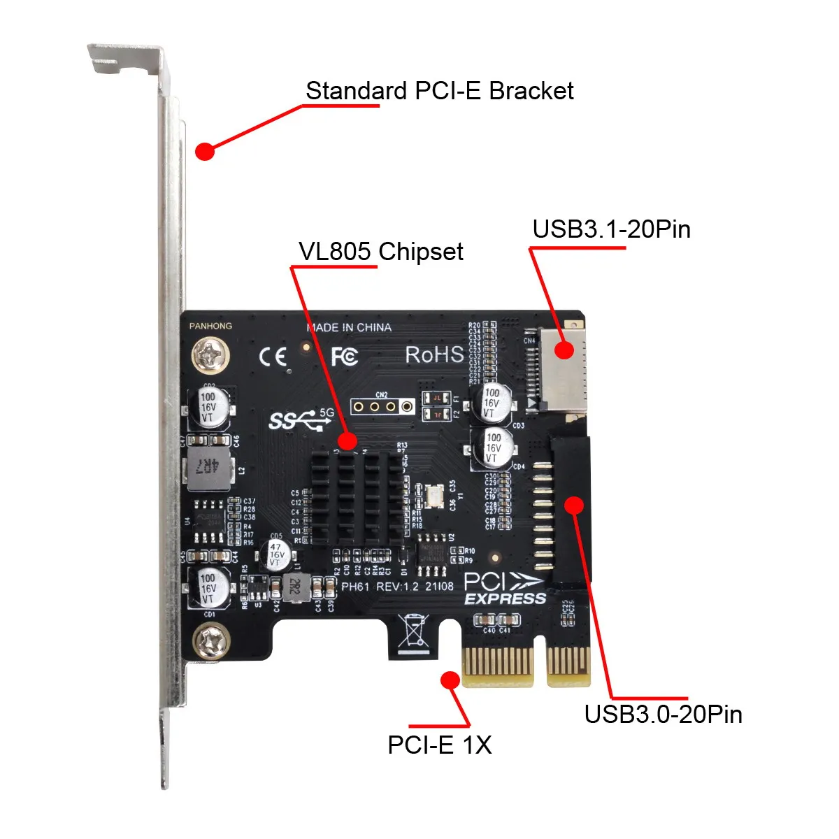 5Gbps Buchse & USB 2,0 zu PCI-E 1X Express Adapter Typ-E USB 3,1 Front Panel