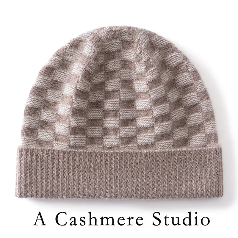 100% Pure Cashmere Knitted Flanging Plaid Hat For Men and Women Winter Outdoor Skiing Unisex Threaded Hat New Beanie