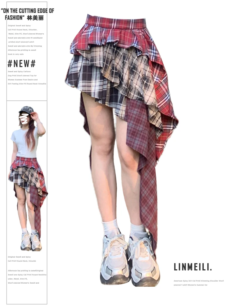 

Women's Plaid A-line Skirt Vintage 90s Aesthetic Y2k Mini Skirt Harajuku Korean Elegant Asymmetrical Skirts 2000s Clothes Summer