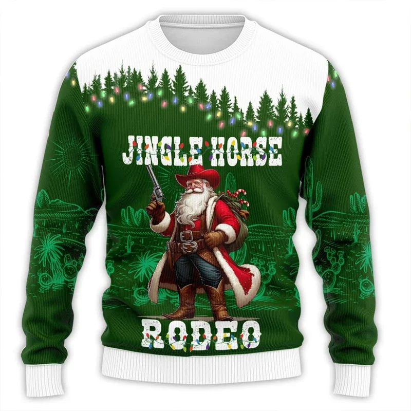 Western Cowboy Ugly Christmas  For Men Clothes Rodeo Man Funny Ugly Sweaters Xmas Holiday Crew Neck Sweatshirt Boy Top