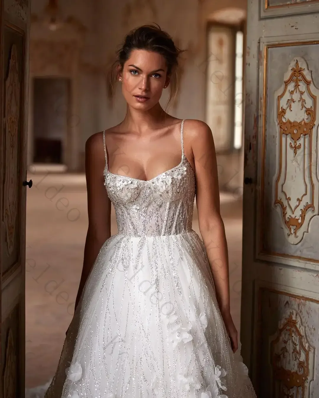 Customized High Neck A-line Long Sleeves Wedding Dresses 3D Flower Beading Lace Applique Sequine Tulle Floor Length Bridal Gowns