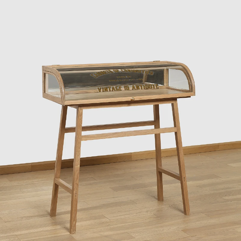 Ash wood solid wood tenon and mortise retro curved glass cabinet, jewelry display