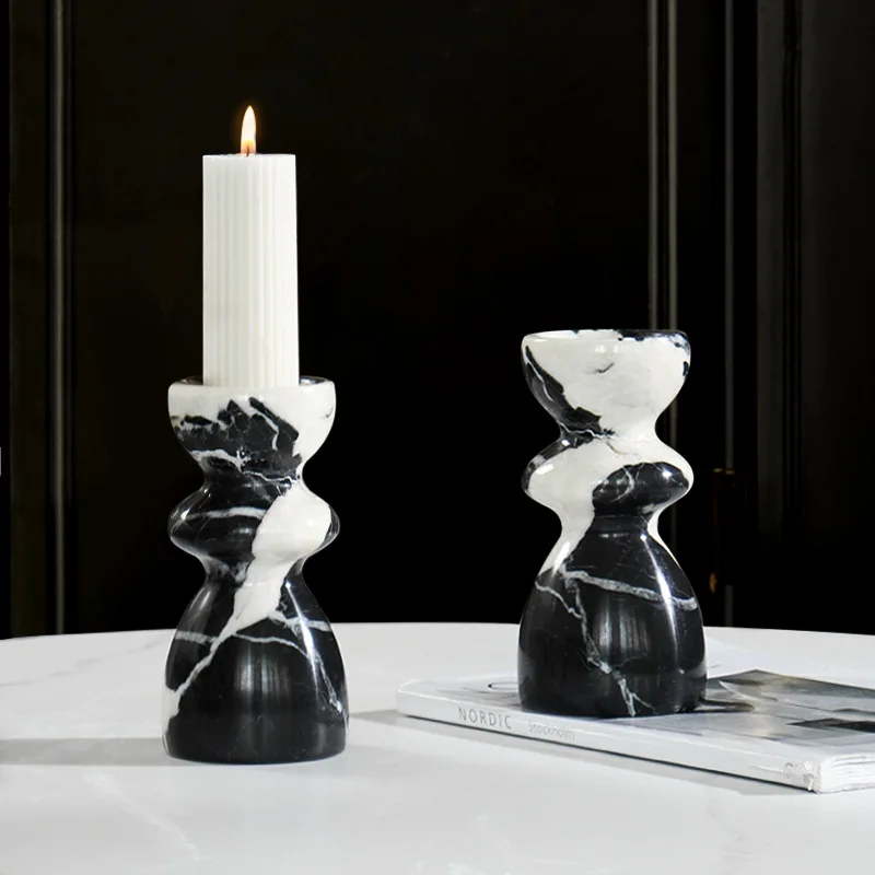 Noir Grand Antique Natural Marble Candlestick Holder Modern French Candle Holder for Fireplace Party Dining Table Centerpieces