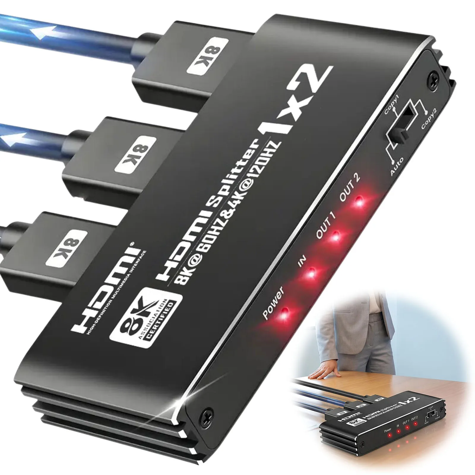 8K 60Hz HDMI-compatible 1 in 2 Out Splitter 4K 120Hz Dolby TrueHD RGB 4:4:4 Aluminum Shell for Set Top Box