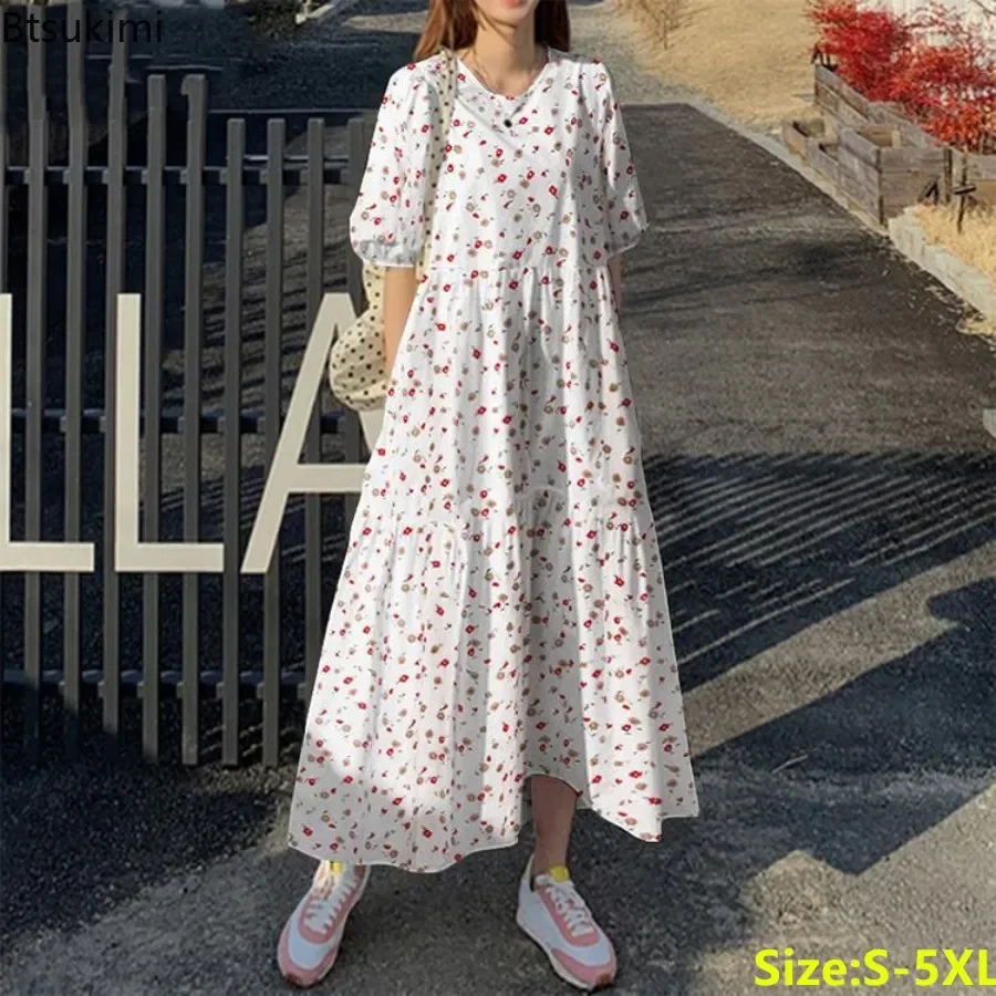

2025 Women's Bohemian Floral Printed Dress Fashion Vintage Short Sleeve Casual Sundress Female Temperament Long Dresses Oversizd