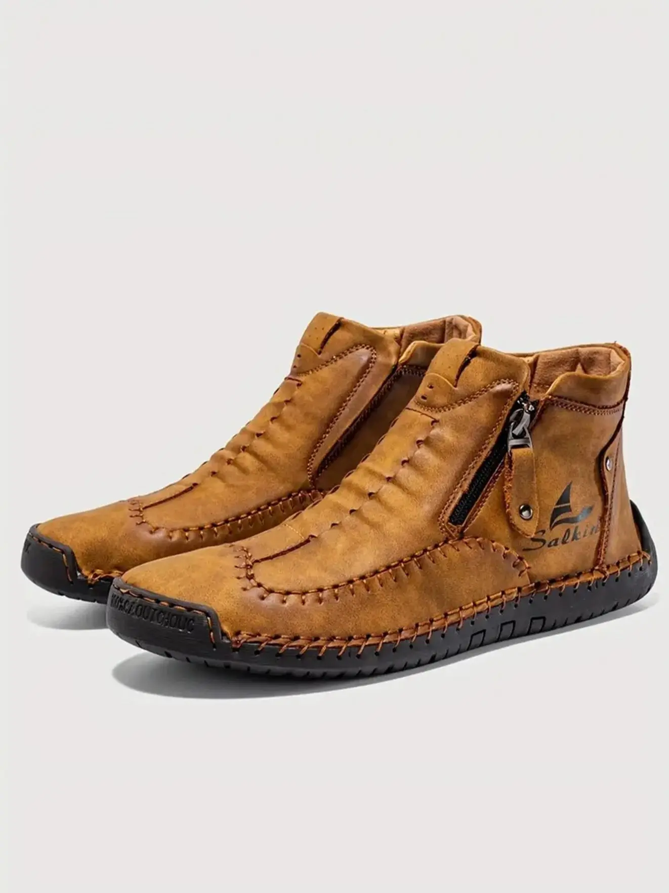 Męskie, szyte ręcznie buty za kostkę, modne buty codzienne z bocznym zamkiem, całoroczne buty outdoorowe, duże rozmiary męskich butów, wygodne buty bez podeszw. — 2