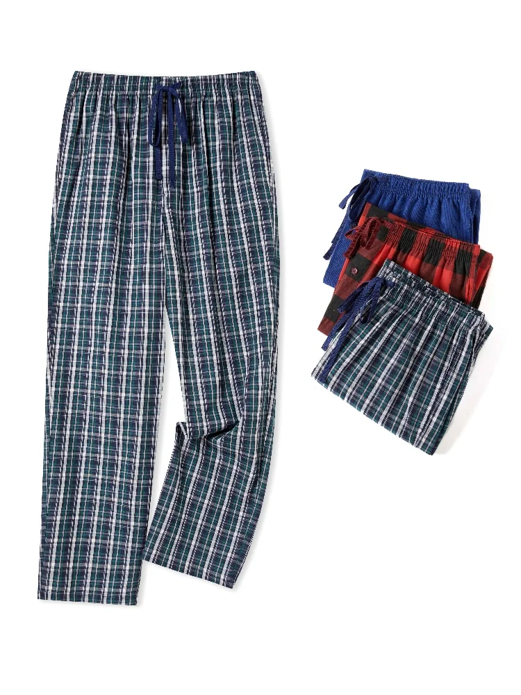 Calça masculina de pijama de algodão, xadrez simples, calça casual, elástico na moda com bolsos com cordão, pijama doméstico, 3 peças