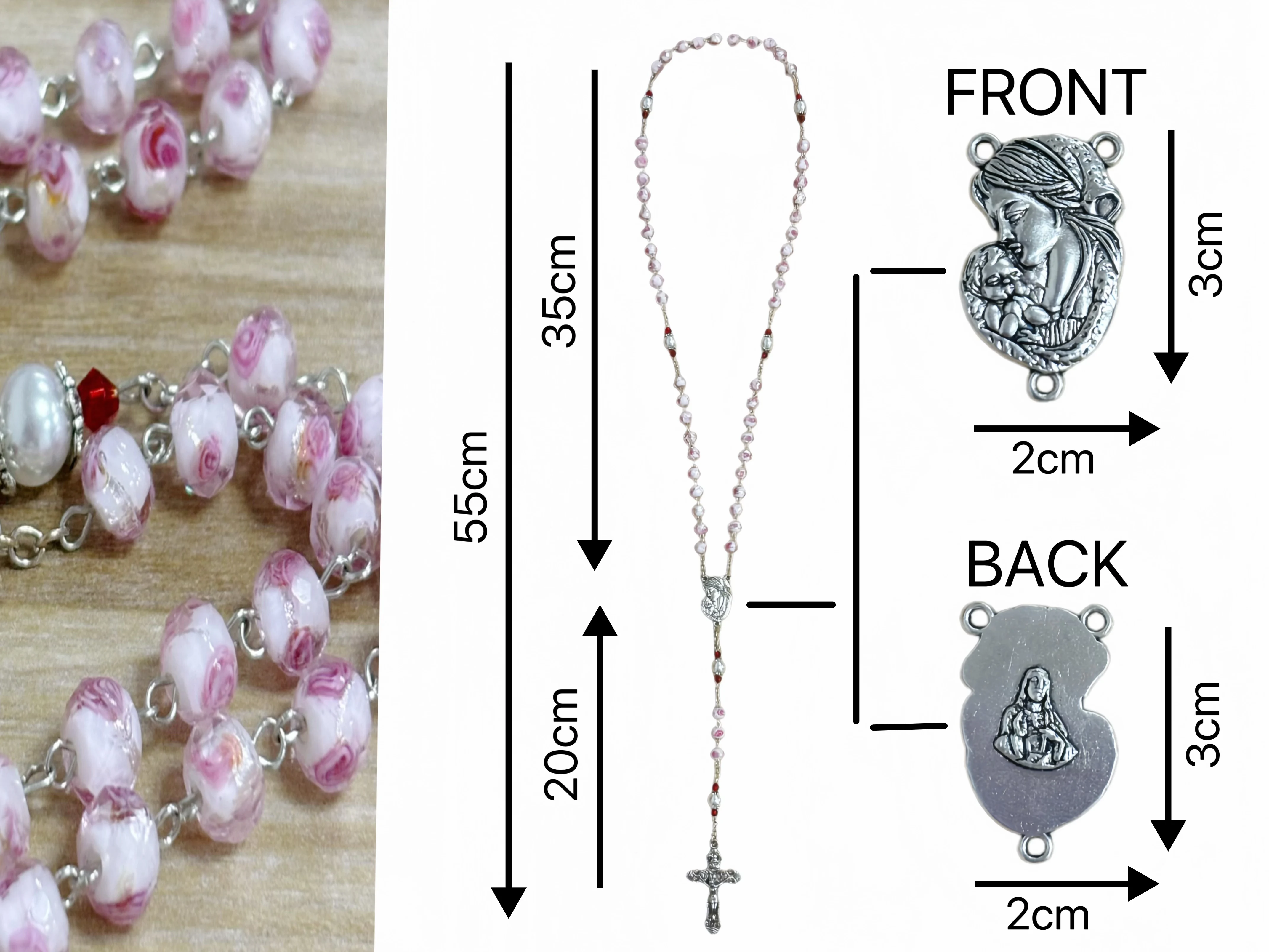 1PC Pink Rose Glass Beads Catholic Rosary with Virgin Mary Medal And Crucifix - Prayer Necklace Religious Jewelry for Church Gif
