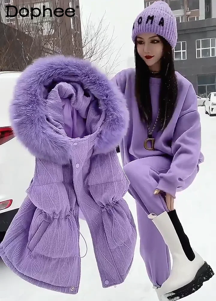 

Fashion Three-piece Sets Women's Outfits Winter Clothing New Purple Faux Fur Collar Cotton Jacket + Sweatshirt + Sweatpants