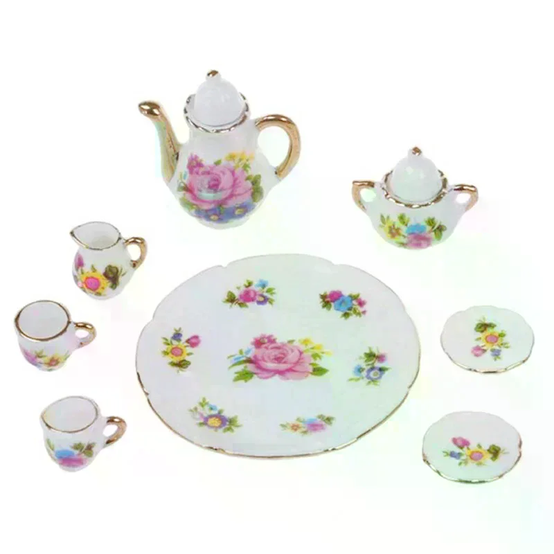 8Pcs 1:12 Dollhouse Miniature Dining Ware Porcelain Tea Set Dish Cup Plate