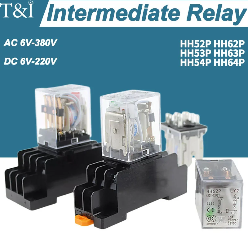 Small Intermediate Relay AC 6V-380V DC 6V-220V Three-phase 380v Electromagnetic Relay with Base Switch HH52P/53P/54P/62P/63P/64P