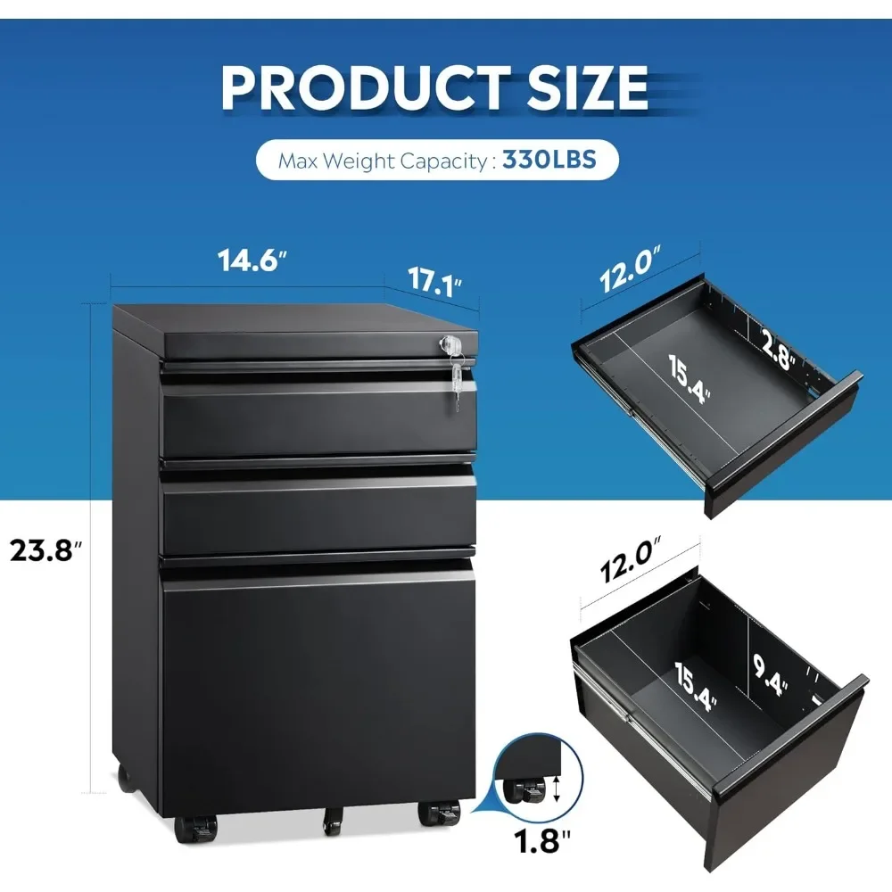 3 drawer mobile file cabinet, under the office desk, fully assembled except for casters, letter/legal size black