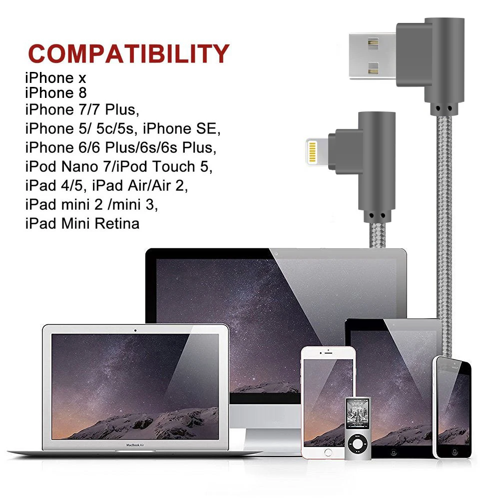 

90 Degree USB Lightning Cable Iphone Cord Game Wire for Iphone 14 13 12 11 X XS XR XS Max 8 7 SE Ipad Fast Charging Original 3m