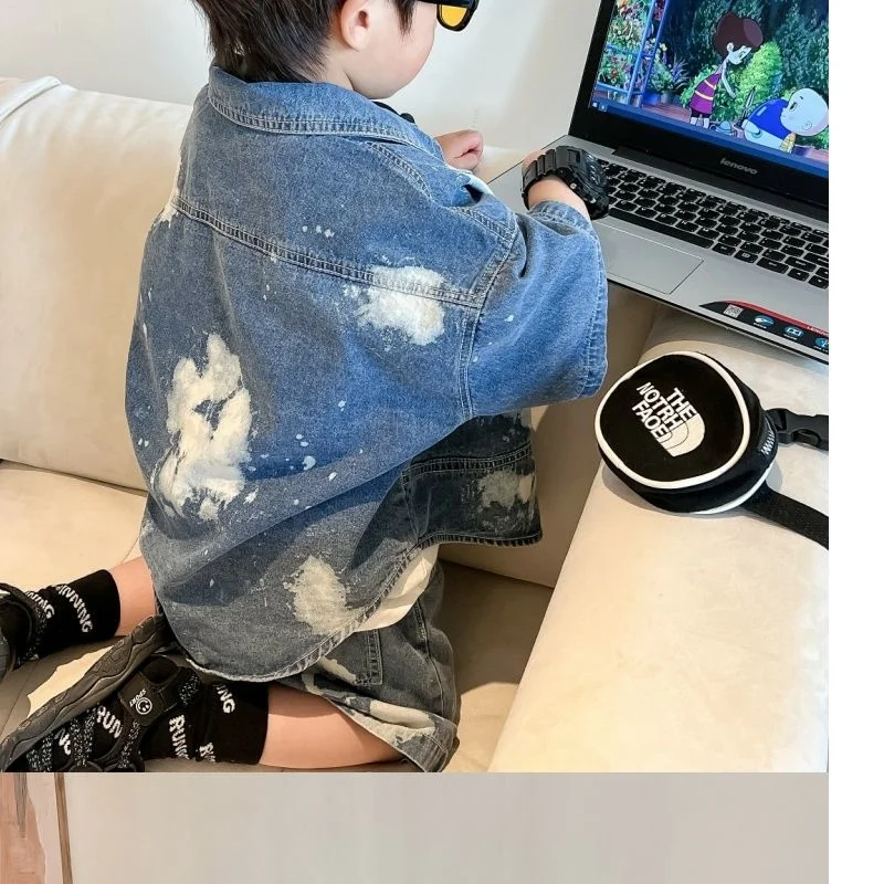 Boys' Painted Denim Jacket Shorts Two-piece Set Korean Style Streetwear 2023 Summer New Short Sleeve Fashionable Coat Pants Suit