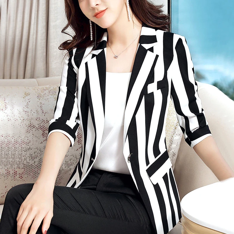 

Striped Blazers Plus Size Spring Summer Women's Clothing Thin Leisure Simple V-neck Cardigan Pockets Button Skinny Formal V607