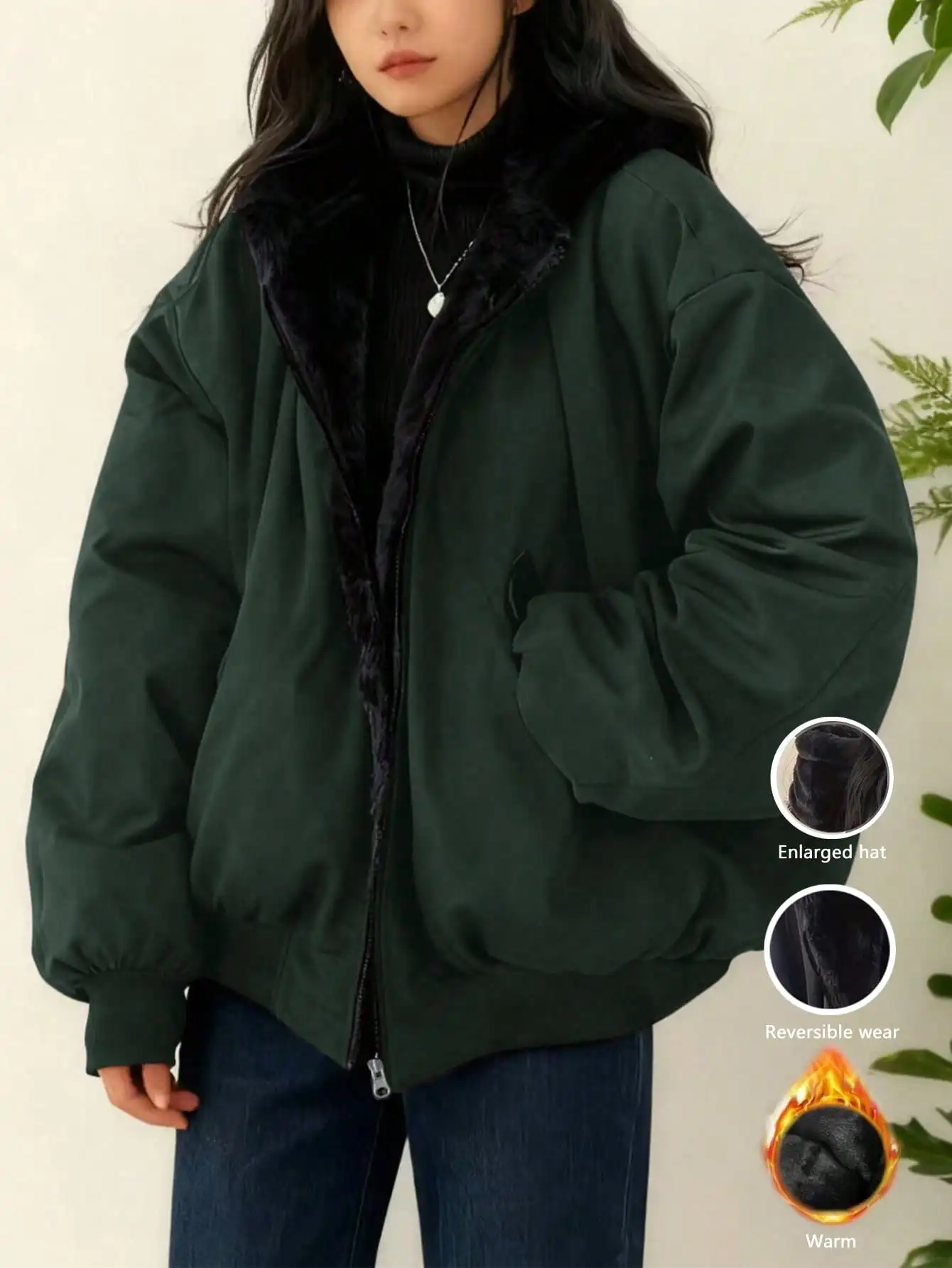 

Женская теплая двусторонняя куртка-парка оверсайз зеленого цвета с воротником из искусственного меха для зимнего уличного стиля