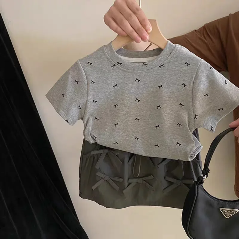 

Childrens Sets Korean Bow Knot Printing T-shirt New Simplicity Tops Bow Knot Skirt Round Collar 2024 Elastic Waist Fashion