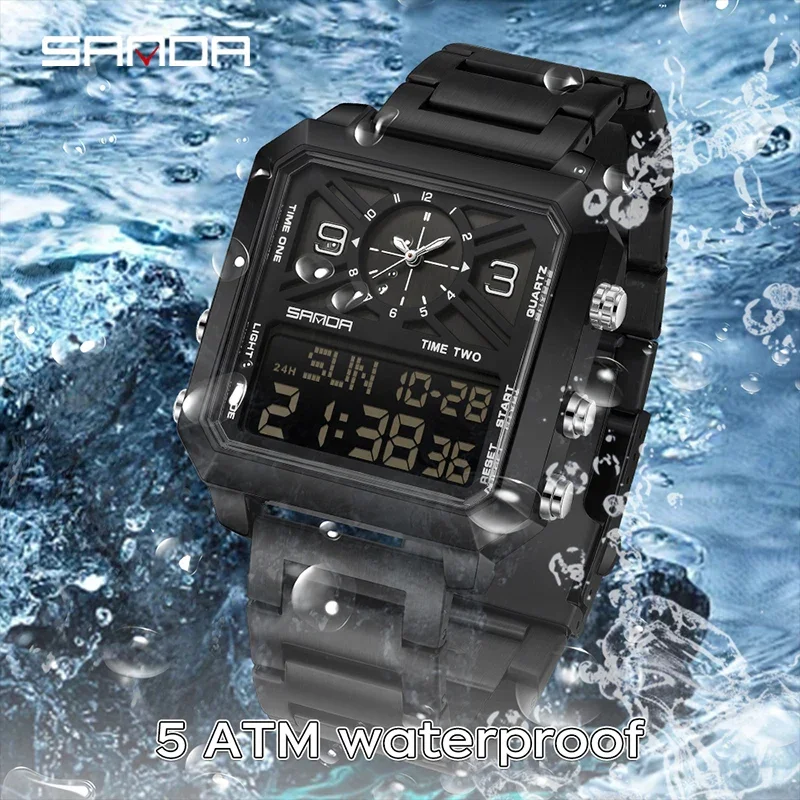 SANDA الفولاذ المقاوم للصدأ مقاوم للماء الرياضة مربع العرض المزدوج ساعة كوارتز رجالية LED العد التنازلي الرقمي ساعة اليد الإلكترونية الذكور