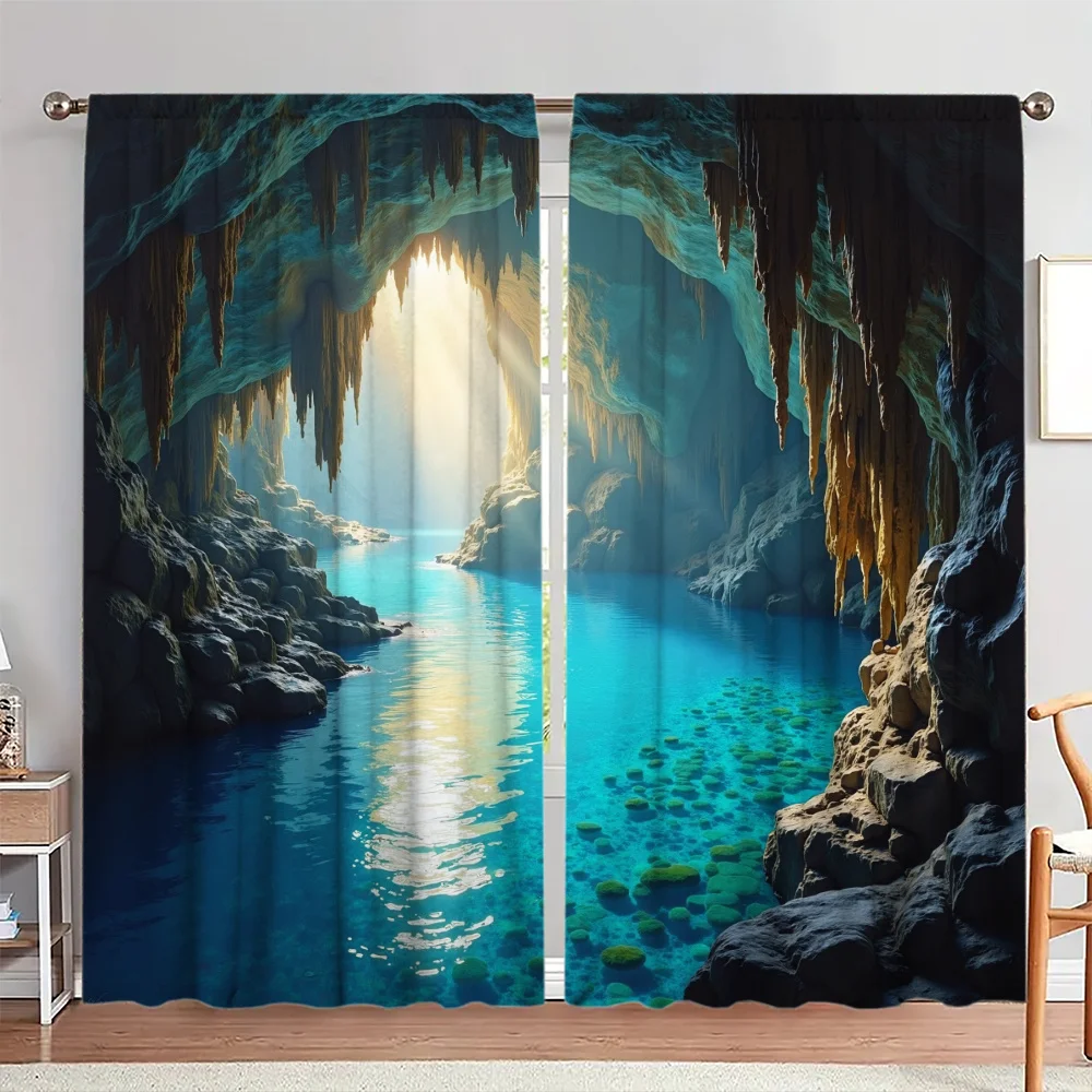 3D Blue Cave River Curtains Fantasy Underground Scenery Drapes Nature Landscape Window Treatment for Living Room Blackout Fabric