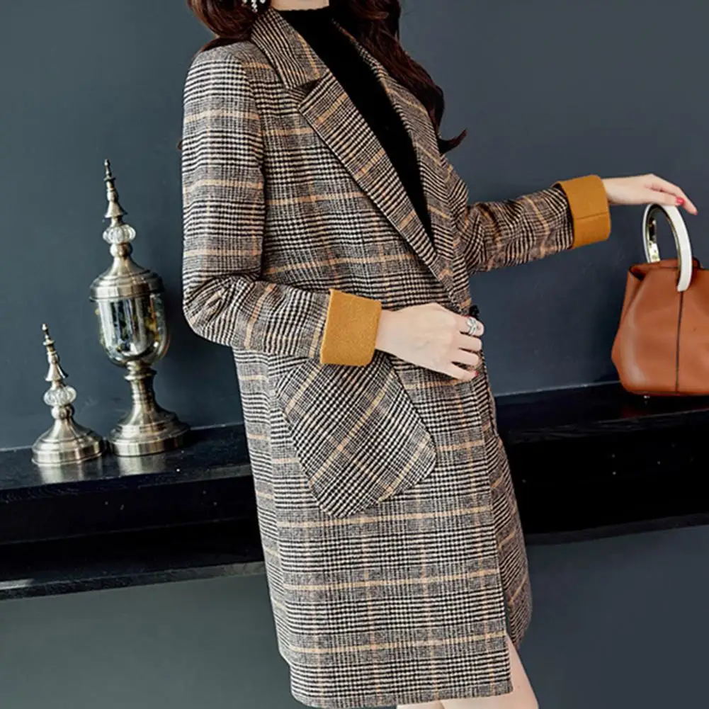 

Women Mid-length Woolen Coat Plaid Print Mid Length Double Buttons Pockets Loose Long Sleeve Lapel Thick Warm for Women's