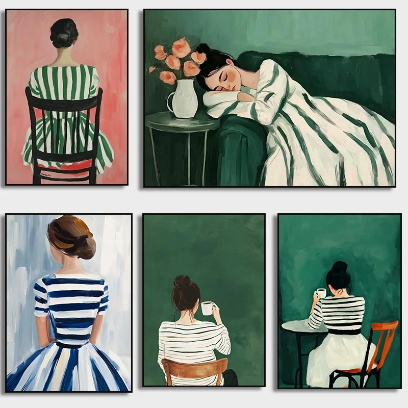 Póster de café con bebida durmiente de mujer a rayas verdes, arte de pared impreso, pintura abstracta en lienzo para decoración estética de sala de estar