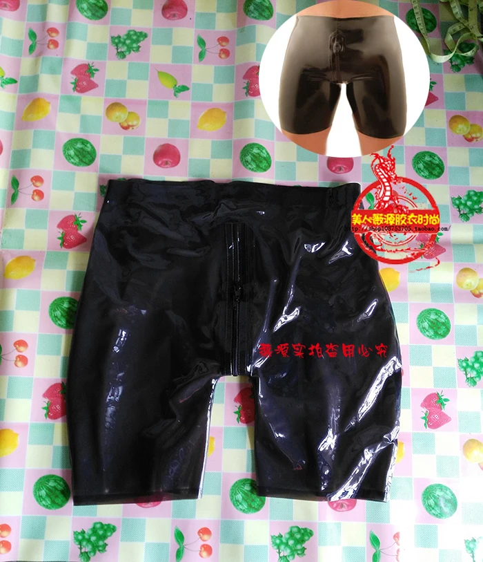 Sexy Mens Latex Shorts Fetish Rubber Pants with Two-way Front Crotch Zipper