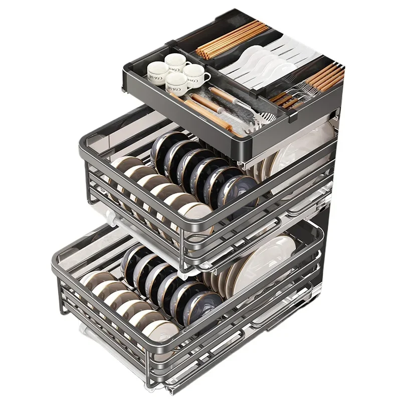 

Stainless steel small size pull basket kitchen cabinet, drawer damping rail dish rack