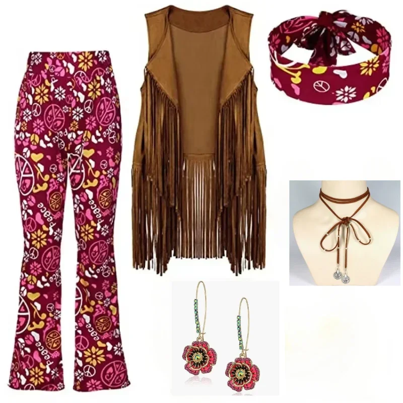 Hippie Disco 60s 70s Cosplay Kostuum Vrouwen Vrede Liefde Hip Indiase Kwasten Hippie Vest Ketting Bloem Krans Oorbellen Halloween