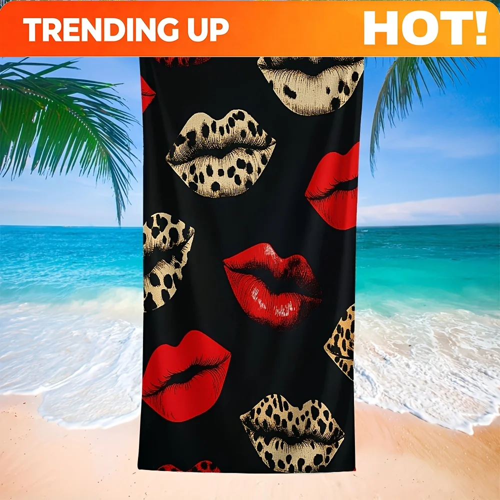 Customize 1 Beach Bath Towel with Lip Print Pattern, Creative Leopard Print and Red Lips Design, Soft Microfiber Fabric, Unisex