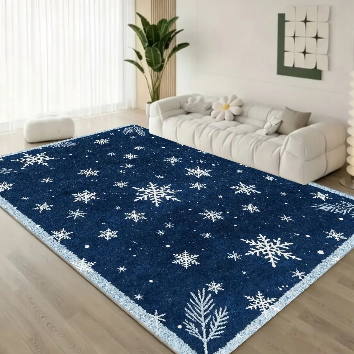 1pc Rectangular Snowflake Area Rug, Soft Velvet Christmas Decor Mat, Non Slip Winter Blue Festive Rug for Living Room, Bedroom