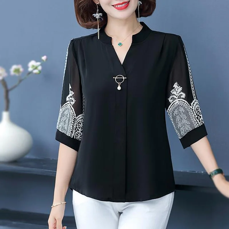 2024 New Summer Fashion Trend Elegant Elegant V-neck Bead Print Loose Oversize Casual Versatile Middle Sleeve Shirt for Women