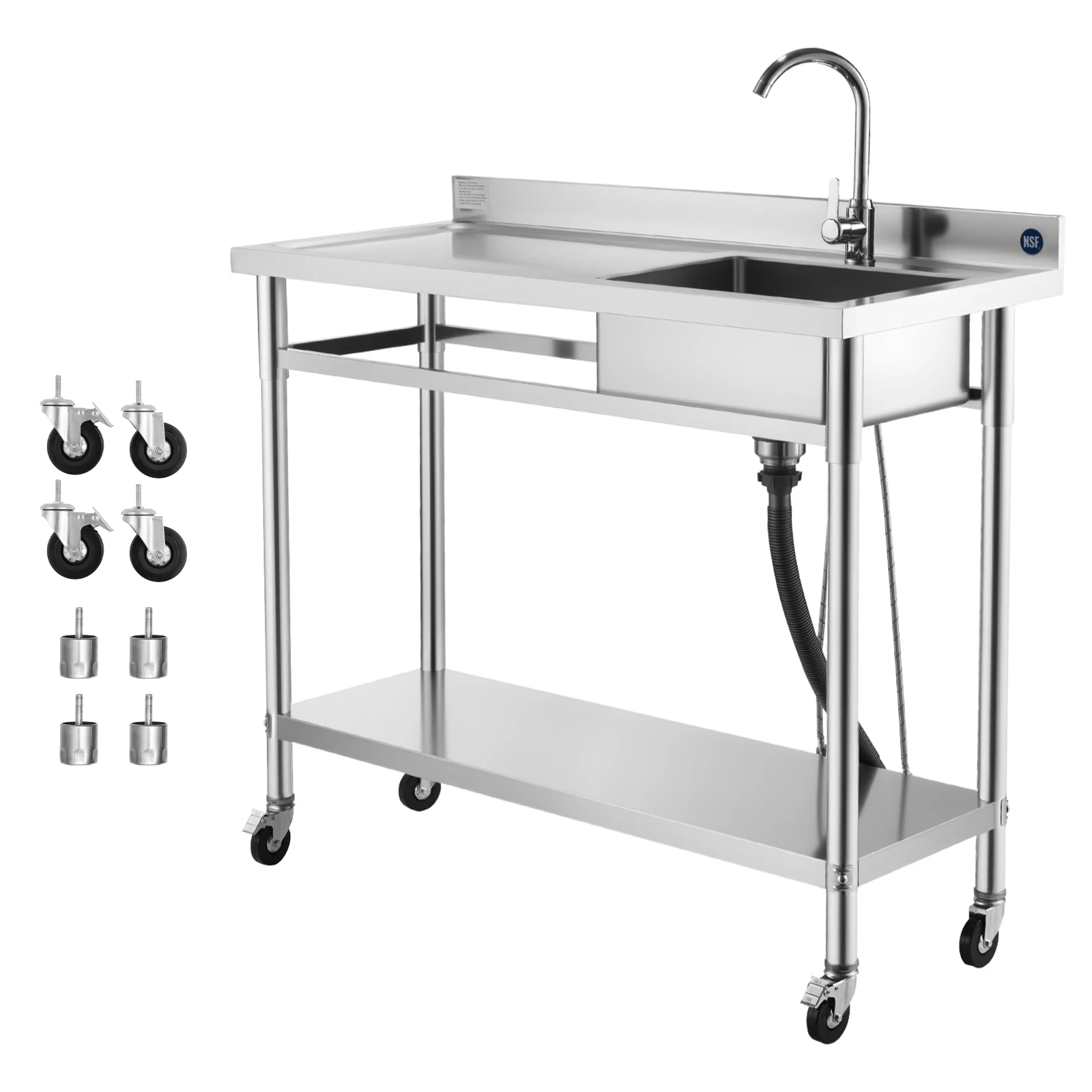 SucceBuy Stainless Steel Utility Sink Rolling Single Bowl Commercial Kitchen Sink w/Wheels Faucet Hot&Cold Water Pipe for Garage