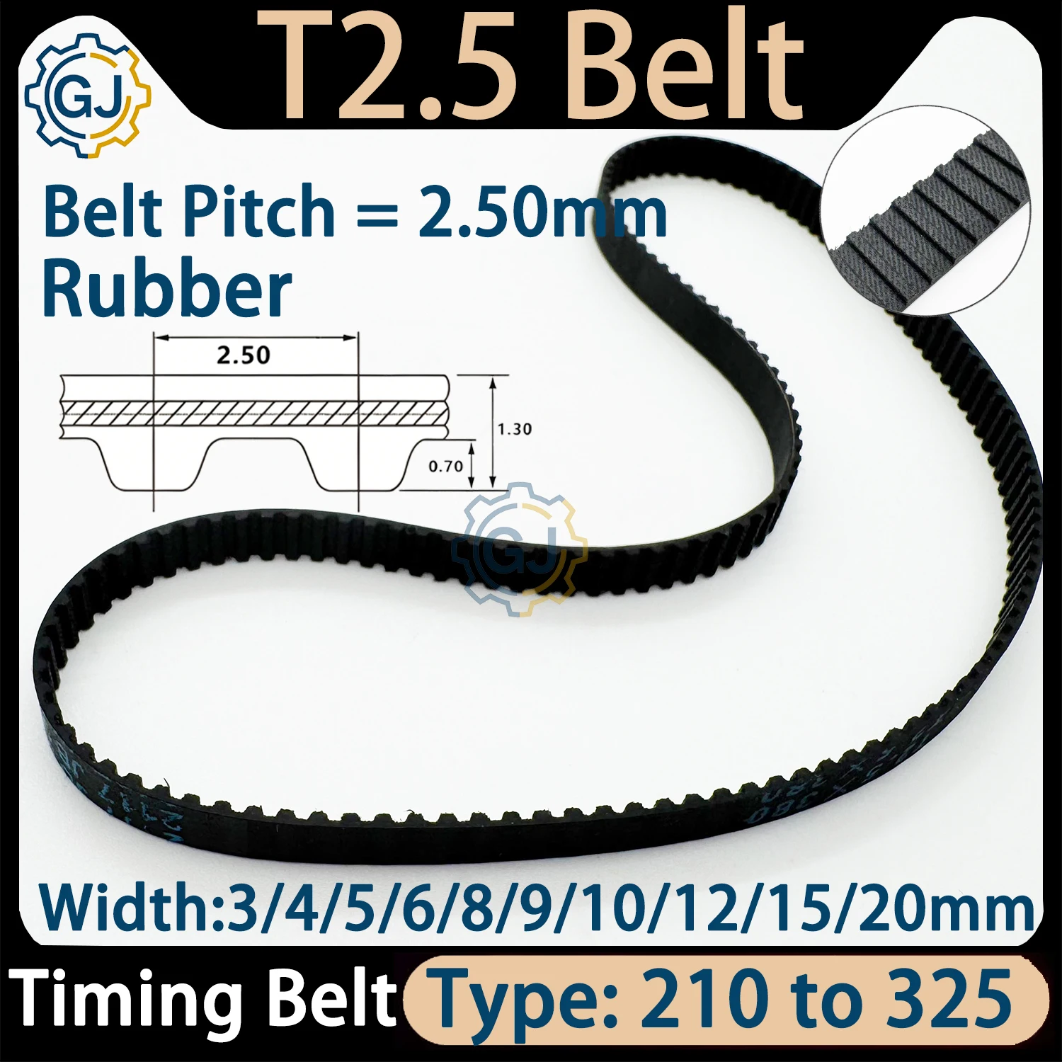 T2.5 Trapezoidal Tooth Timing Belt Pitch Length 210 To 325mm Width 3/4/5/6/8/9/10/12/15/20mm Synchronous Teethed Rubber Belt