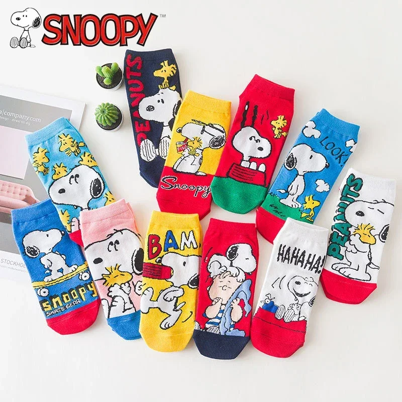 Meias de algodão anime Snoopy para crianças, poliéster retrô, tubo baixo, menina dos desenhos animados, respirável, estilo japonês, meia curta casual